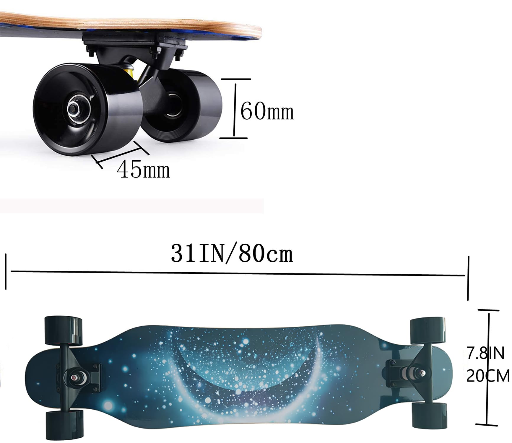 Mini Cruiser Longboard à roues larges de 78,7 cm, pour débutant, stable et facile à contrôler, convient pour le parc et la rue, motif de flamme unique