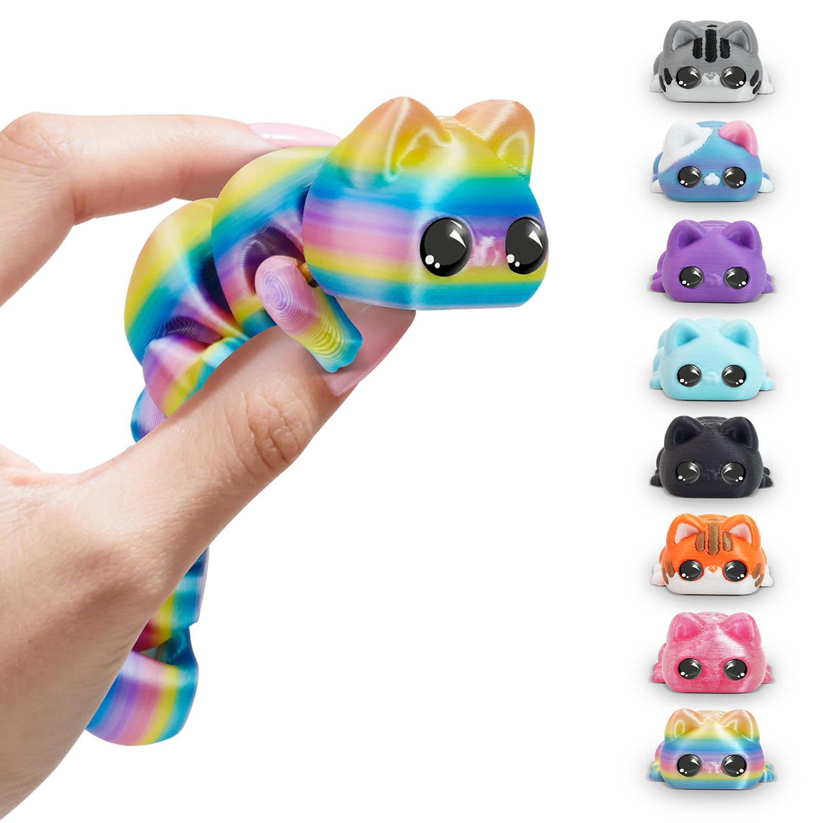 3D Printed Cat Fidget Toys, 3D Printed Animals, 6 Inches Fidget Animal Decor for Stress Relief (Rainbow)