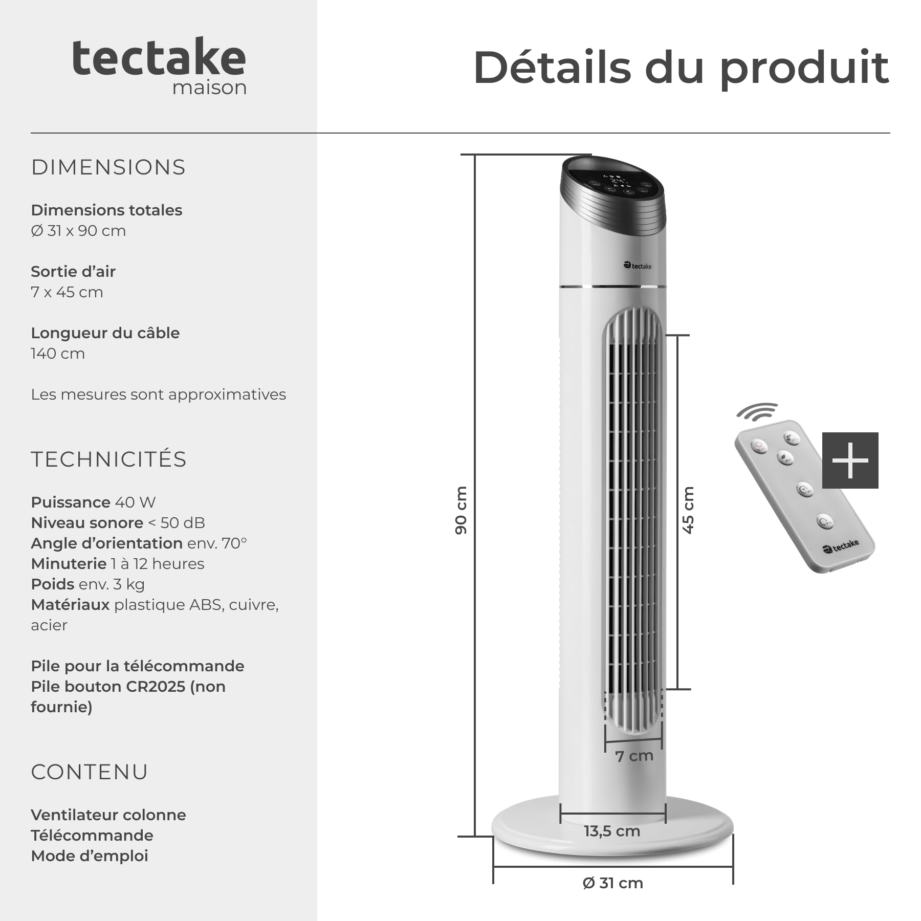 tectake® Ventilateur Colonne 90 cm, 3 modes et 3 vitesses, Fonction de minuterie, Ecran LED, Télécommande, Ventilateur Silencieux & Oscillant pour Bureau, Chambre, Salon, Maison - Blanc