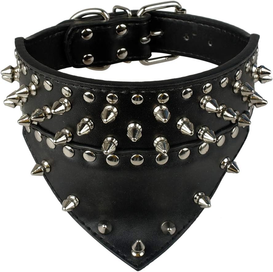 Leather Dog Bandana Scarf Bibs Collar Spikes Spiked Dog Collar Leather Pet Dogs Collar for Medium Large Pet Pitbull Brown S