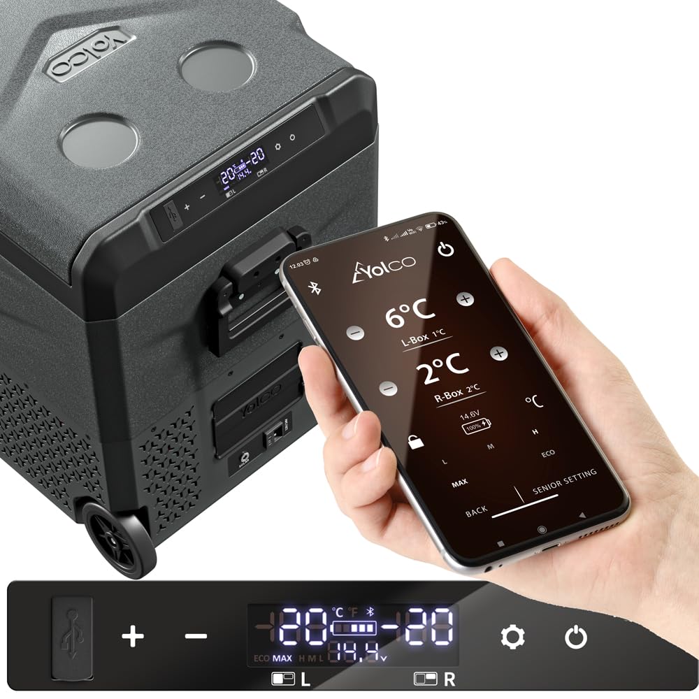 Yolco TCX50 Carbon kompresorowa lodówka podróżna 50 l + akumulator – Dual Zone, -20°C, 12/24 V i 230 V, aplikacja Bluetooth, lodówka i zamrażarka z rolkami, na kemping i w podróży