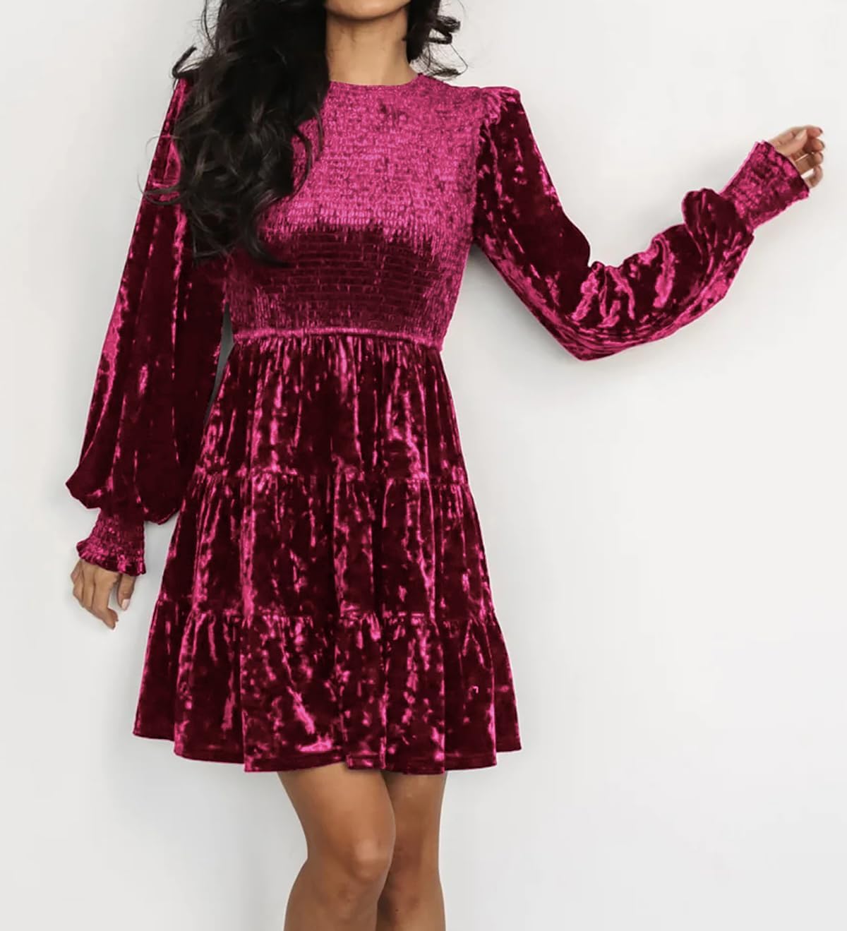 R.Vivimos Women's Fall Winter Crushed Velvet Dress Long Sleeve Crew Neck Elastic Smocked A-Line Tiered Ruffle Mini Dress - Image 2
