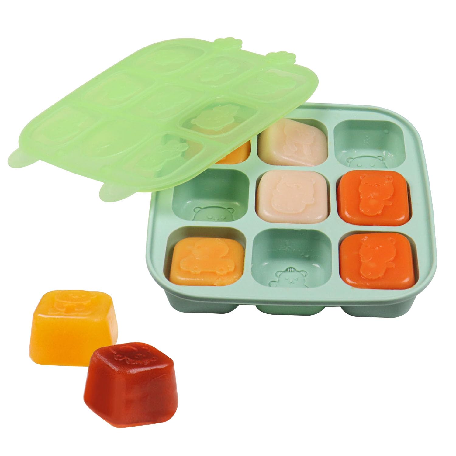 Photo 1 of Silicone Baby Food Freezer Tray with Lid, Baby Food Storage Container, 9 Portions Cute Bear Silicone Freezer Molds for Homemade Baby Food, Vegetable & Fruit Purees, Breast Milk - Green