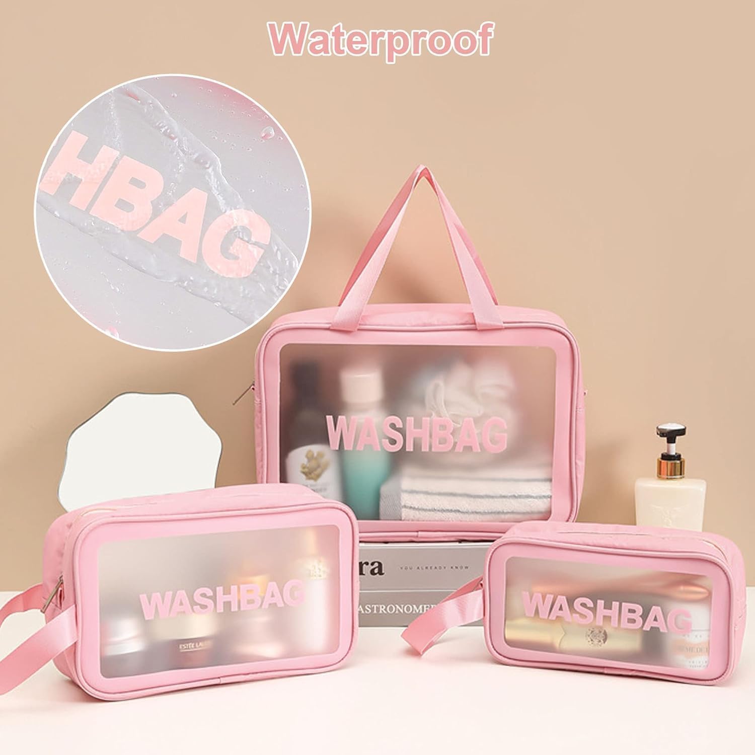 iYOGIzz Wash Bag Cosmetic Case (Set of 3) Clear Travel Toiletry Organizer with Handle Transparent Makeup Storage Pouch Water Repellent Portable Cosmetic Bags for Women Girls Travel Essentials 2