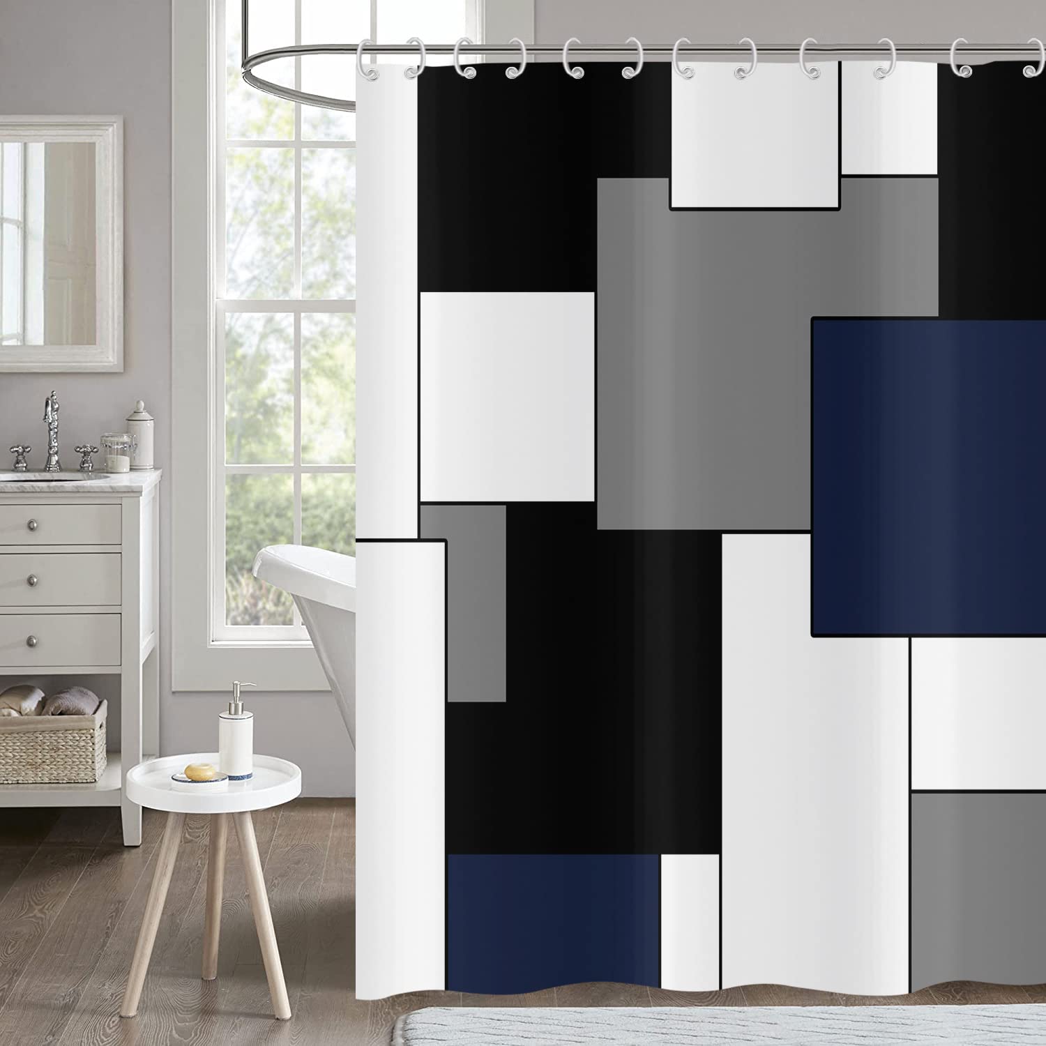 Hnmdmyi Blue Shower Curtain 180x240, Grey Black and White Shower Curtains Modern Geometric Decorative Bathroom Curtains with Hooks Waterproof Polyester Fabric Washable Bath Curtains for Wet Room