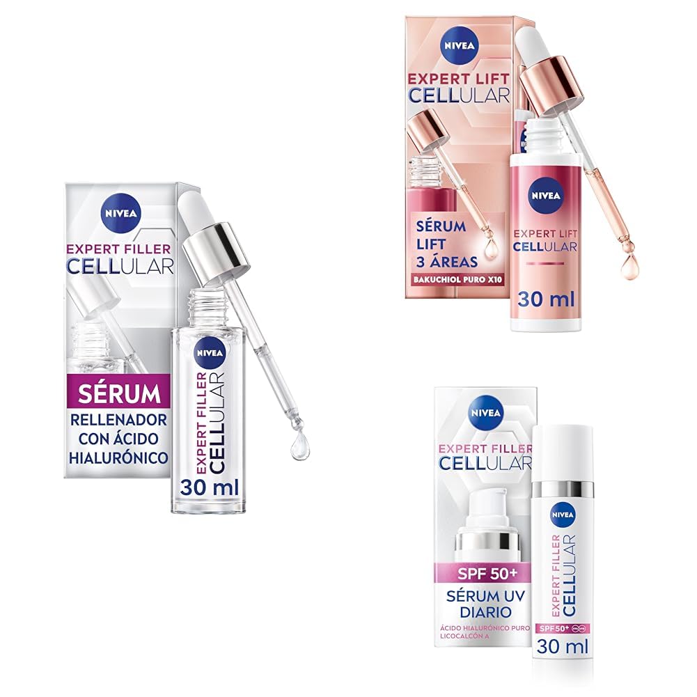 Pack NIVEA Expert Filler Cellular Serum rellenador de arrugas ácido hialurónico + NIVEA Cellular Expert Lift Sérum Lift 3 Áreas Bakuchiol + Nivea Expert Filler Cellular Fluido UV SPF50+ (3 x 30 ml)