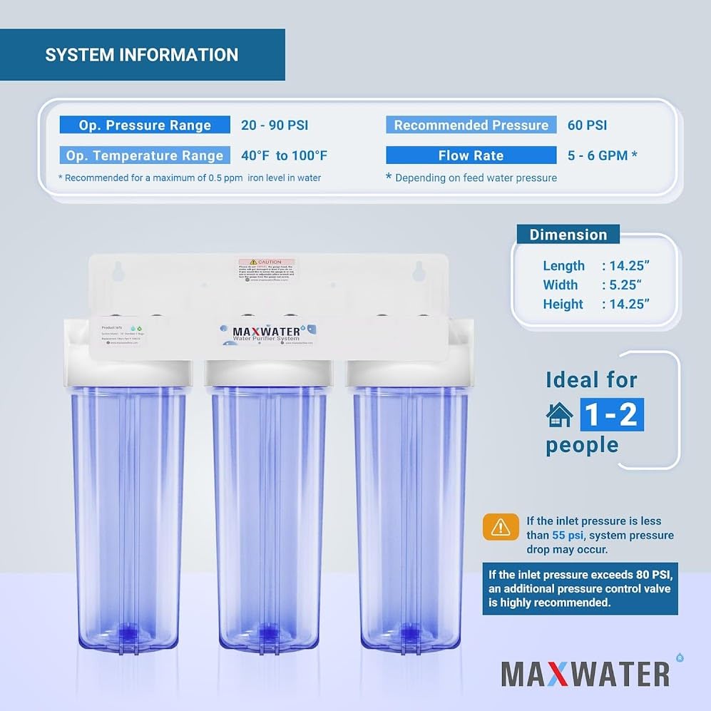 Miniatura 2 de Max Water Sistema de filtro de agua de manganeso de hierro estándar de 3 etapas de 10 pulgadas para toda la casa  Sedimento + Manganeso de hierro +