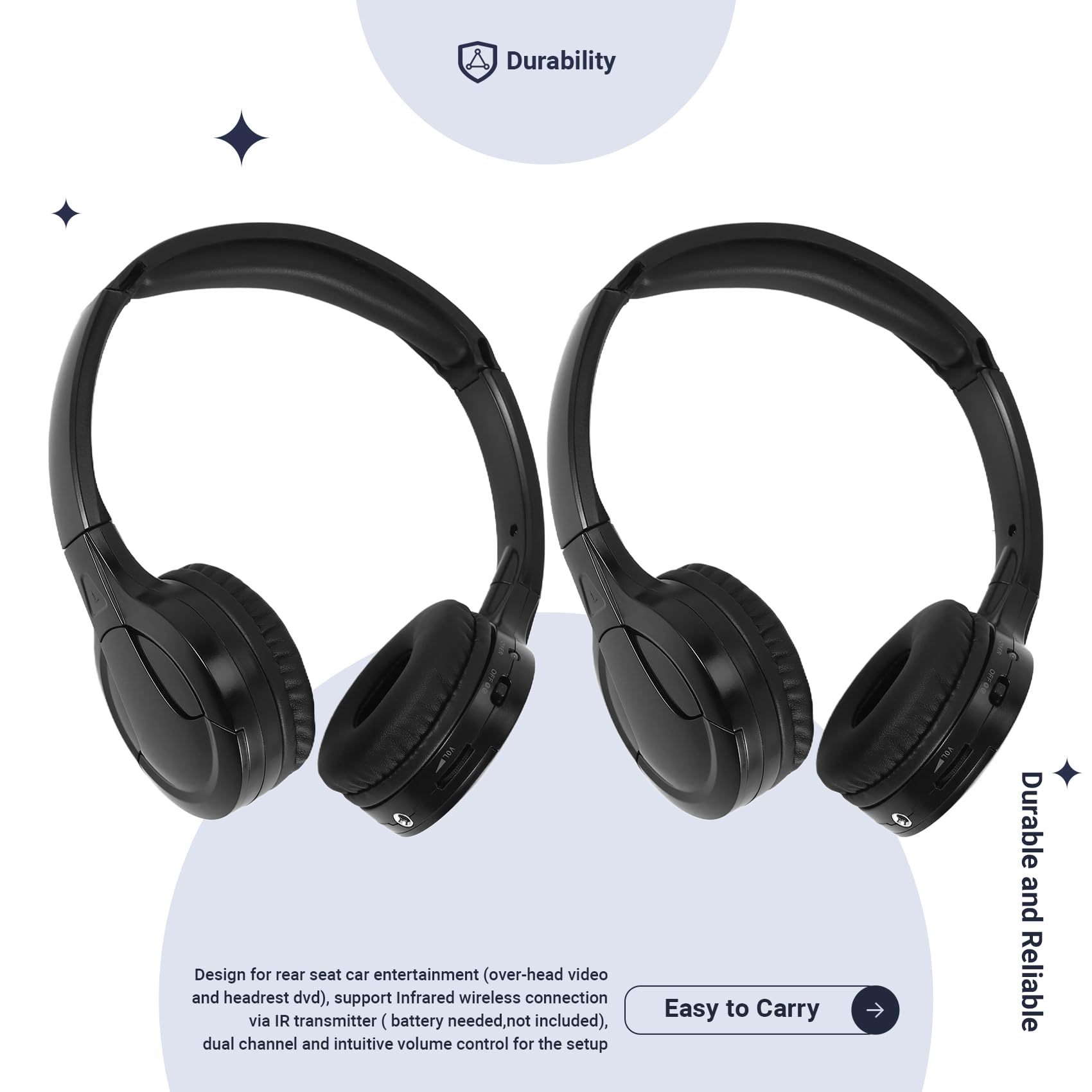 Lot de 2 paires d'écouteurs infrarouges sans fil pour lecteur DVD de voiture - Casque audio infrarouge universel (noir)