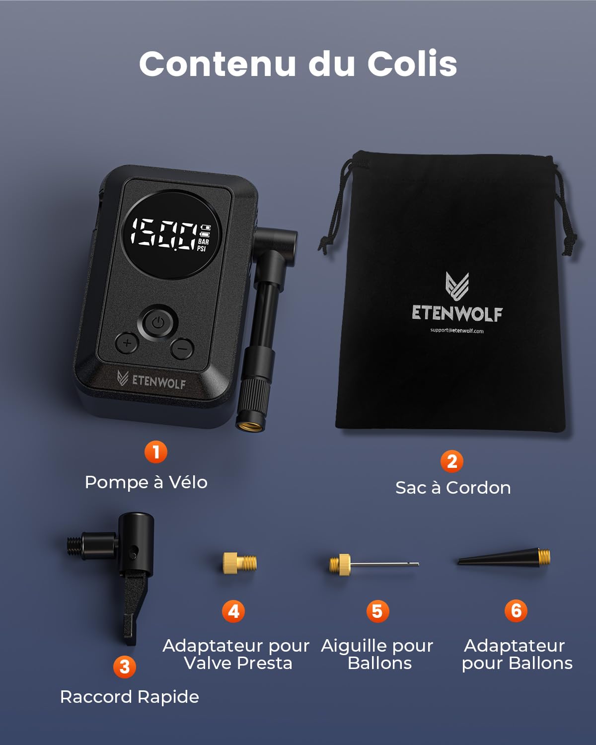 ETENWOLF Pompe à vélo électrique 10,34 Bar Portable avec valves Presta et Schrader
