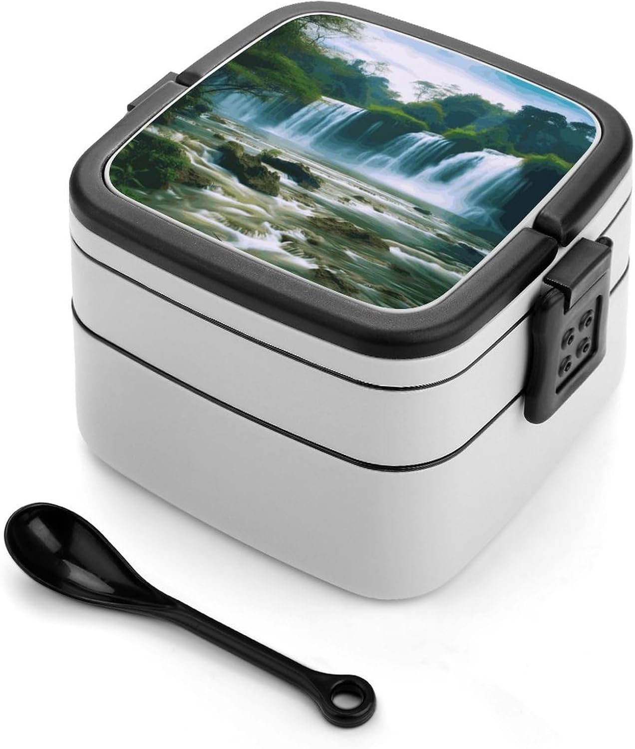 Waterfall Scenery Bento Box with Spoon, 2-layer Stackable Lunch Box Leak Proof with Invisible Handle, Insulated Food Storage for Office, Picnic & Travel Waterfall Scenery Bento Box with Spoon, 2-layer Stackable Lunch Box Leak Proof with Invisible Handle, Insulated Food Storage for Office, Picnic & Travel