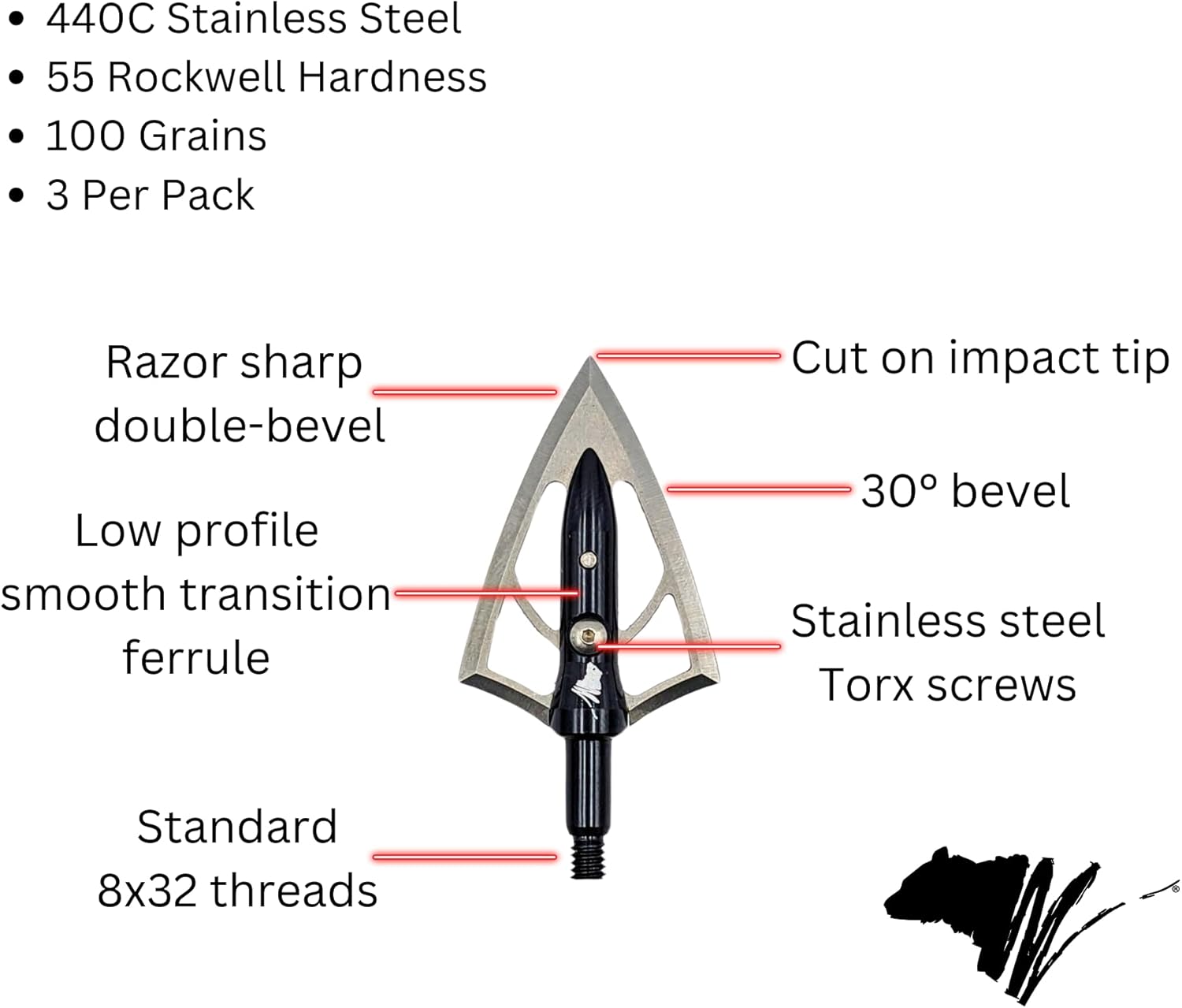 Silver Flame Bowhunting Broadheads, 100/125 Grains, Razor Sharp, Bone Breaking, Premium Stainless Steel Blades, 1 1/8" Wide Cut, for All Bows & Crossbows, 3-Pack