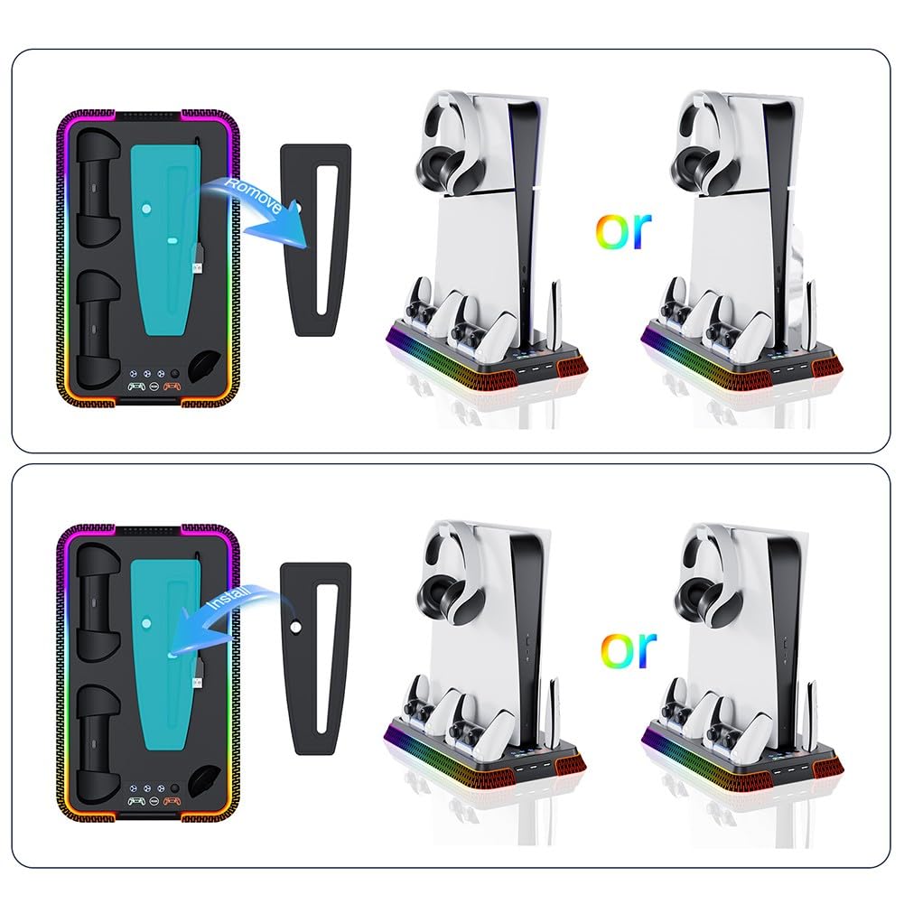 Supporto di raffreddamento verticale per PS5 Pro e PS5 Slim con caricatore doppio controller, docking station per console di gioco in ABS con ventola, design salvaspazio, nero