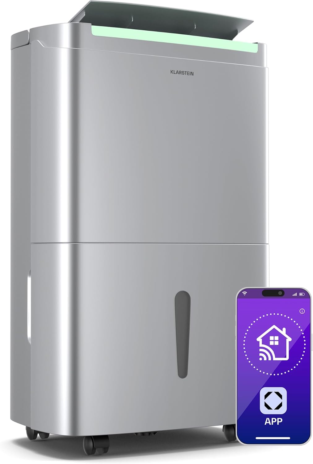 Klarstein DryFy Connect 50L Dehumidifier with smartphone showing app icon