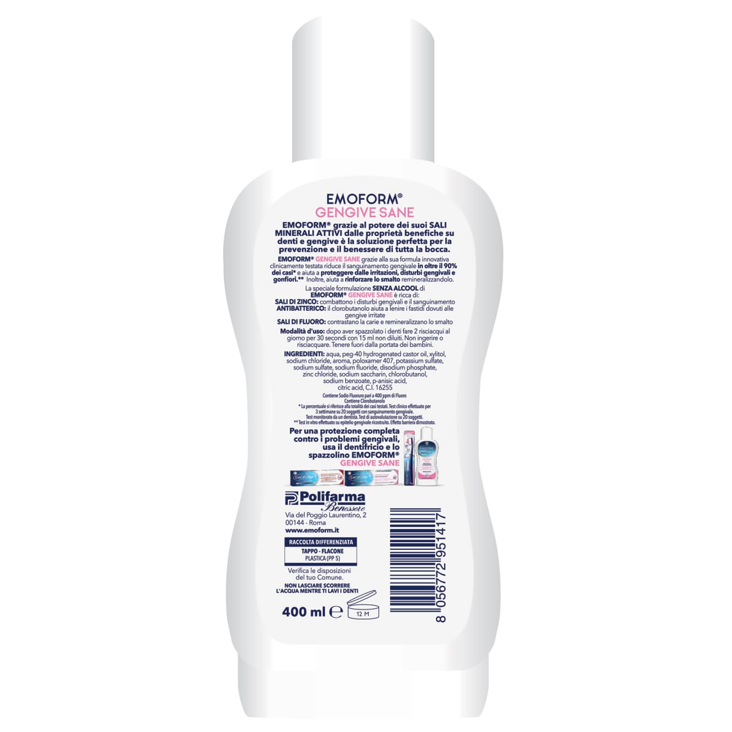 Emoform Gengive Sane 400ml Collutorio Senza Alcool Sali Minerali Attivi con Zinco e Fluoro Colluttorio Antibatterico per Gengive Sensibili, Igiene Orale Quotidiana Riduce Sanguinamente Rinforza Smalto