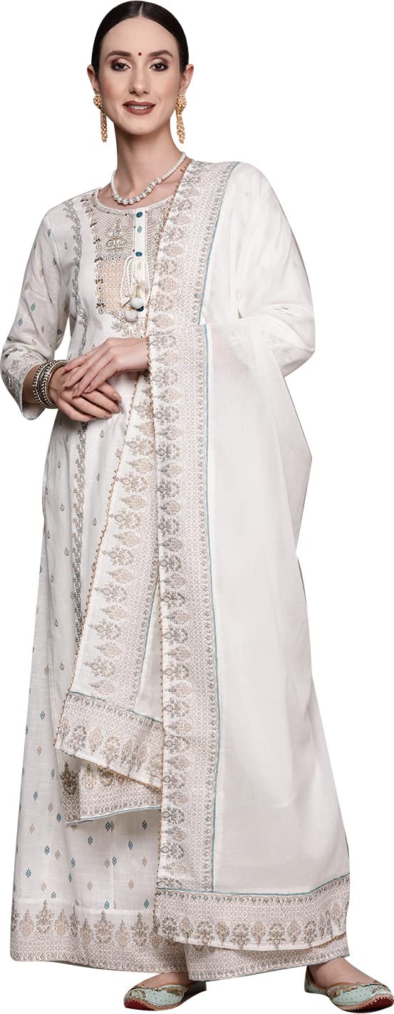 Ishin Women's Cotton Embroidered A-Line Kurta Suit Set With Dupatta & Sharara Inwsd0424_Wh_Xxl_White