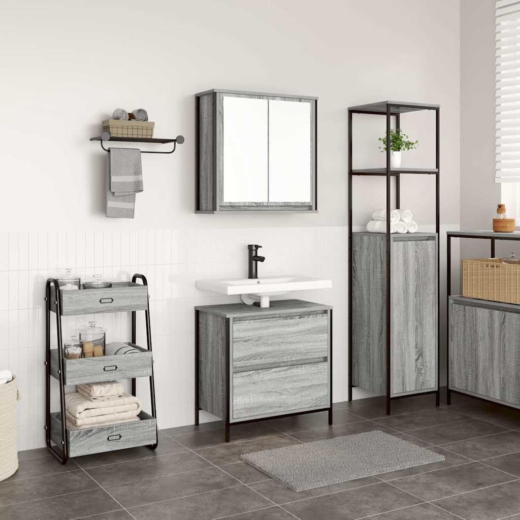 Juego de muebles de baño gris con almacenamiento compacto y espejo de superficie