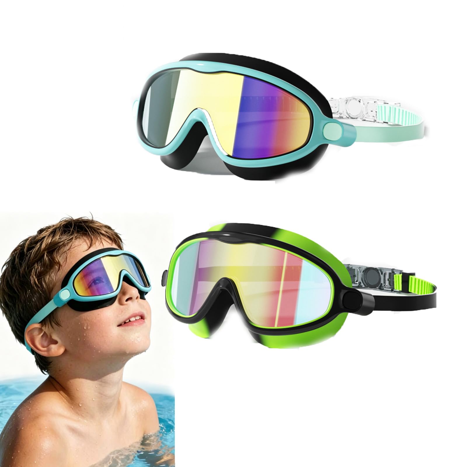 Clip-On Swim Goggles with Nose Clip and Earplugs, 180°Wide Angle Vision, No Leaks & No Fog & UV-Protective (C)