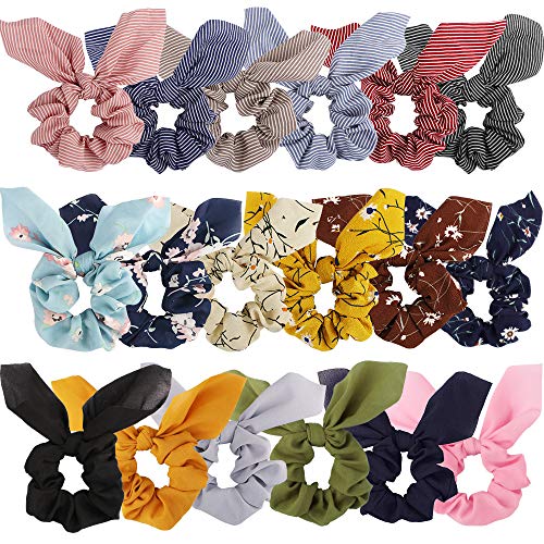 Bow Scrunchies For Hair, 20 Pcs Chiffon Scrunchies Silk with Bow Scarf, Solid Color Stripe Floral Bow Scrunchies Ponytail Holder, Hair Ties Ropes, Rabbit Bunny Ear BowKnot Scrunchies Hair Accessories