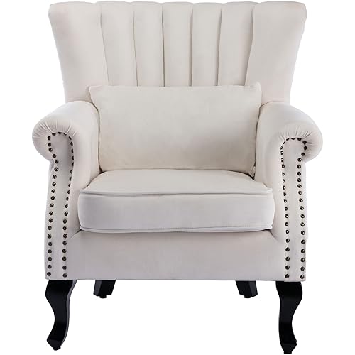 Mid Century Accent Chair Modern Tufted Wingback Armchairs Club Chair Velvet Fabric Single Sofa Reading Chair with Pillow for Living Room, Cream