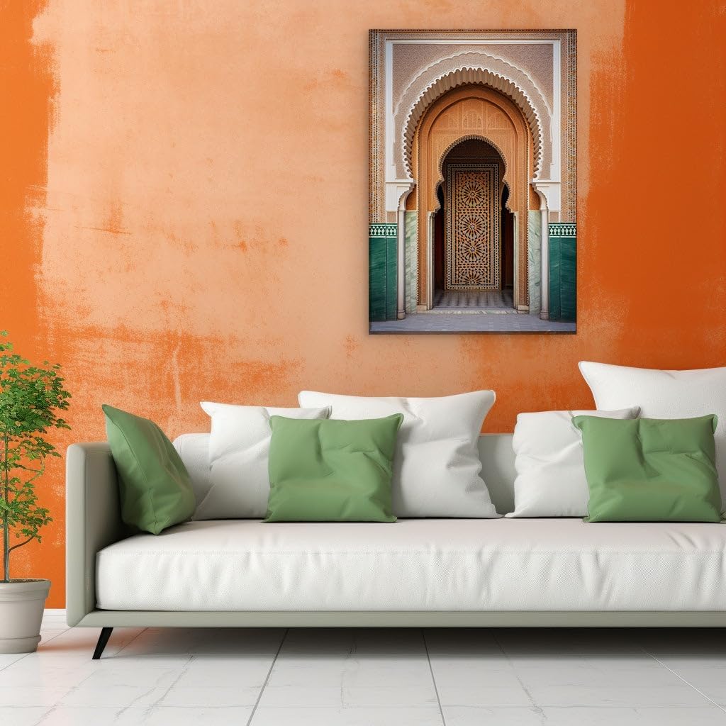 Canvas for Living room. Enchanting Elegance Through a Moroccan Archway: The Harmonious Dance of Culture and Design, 27 x 18 inch Canvas Wall Art - Ready to Hang