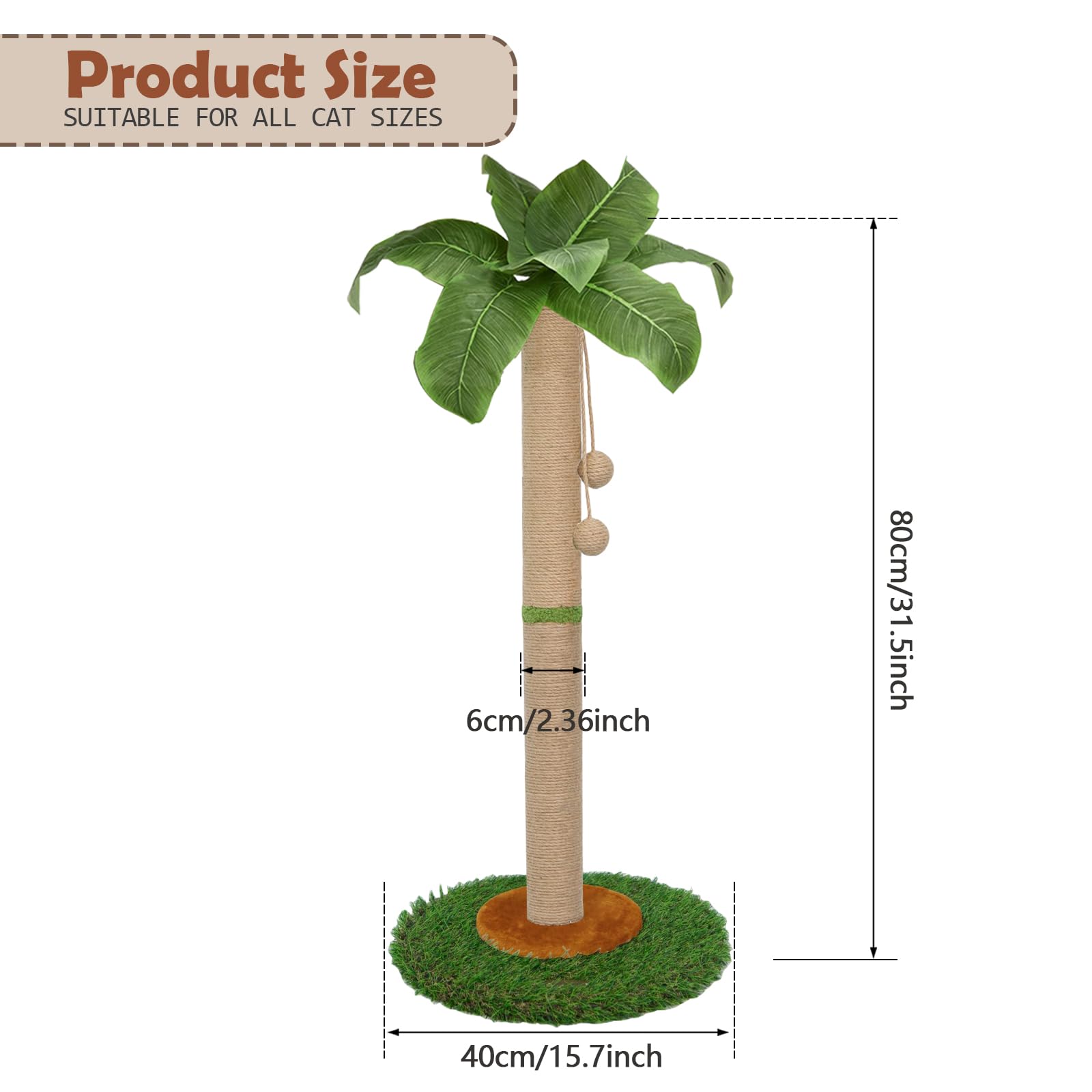 Poste rascador para gatos y gatitos de interior – Poste rascador para gatos de 60 cm de alto con cuerda de sisal, poste rascador para gatos de palmera con bola colgante (80 cm)