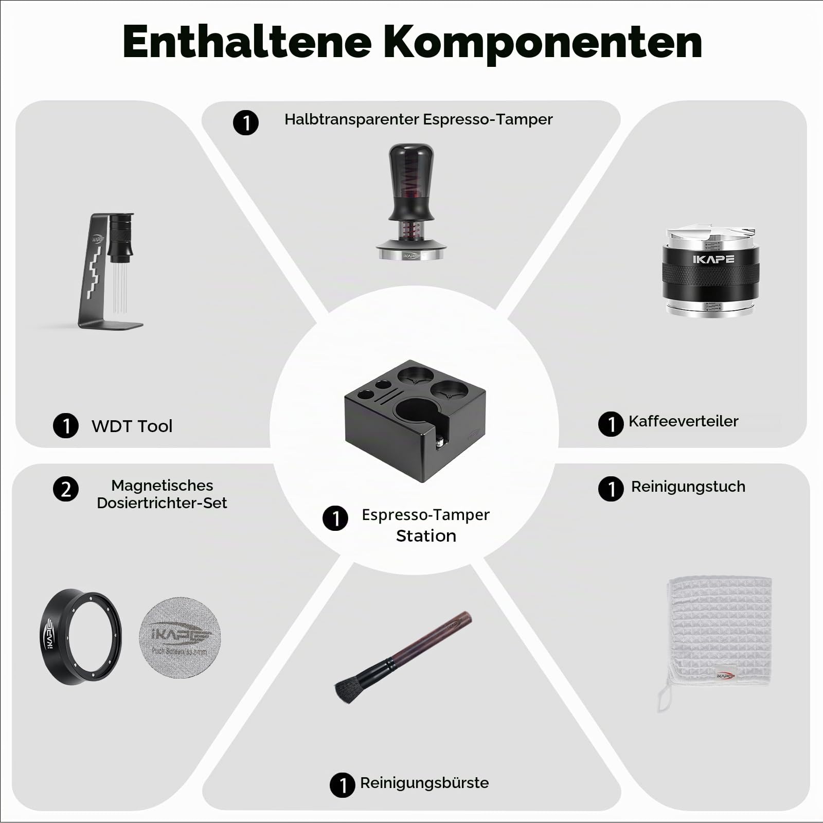 IKAPE 53 mm Espresso-Werkzeugset, schwarz, 8-in-1: Kaffeetamper, Verteiler, Magnettrichter, Kaffeepucksieb, Tamperstation, Rühr- und Verteilerwerkzeug, Reinigungstuch und Bürste