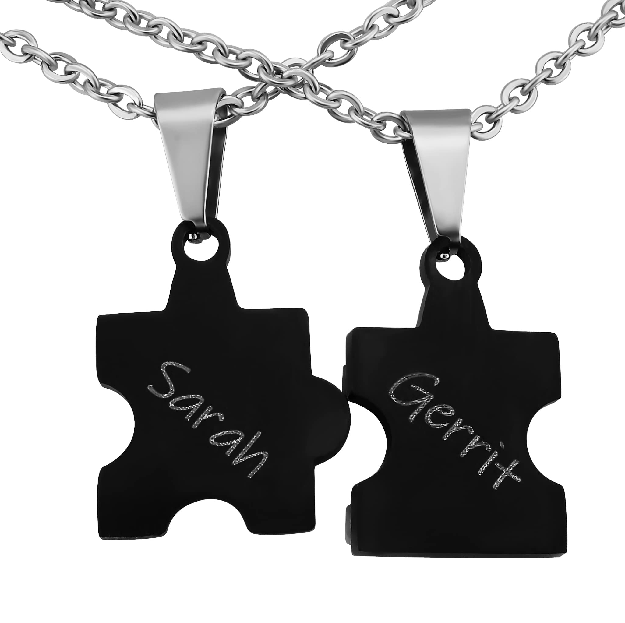 2 Stück Personalisierte Kette mit Gravur Edelstahl 50 cm mit Anhänger Herz Puzzle in silber schwarz - Personalisierte Geschenke für Damen Herren Freundin Freund - Partner Halskette Sie Ihn