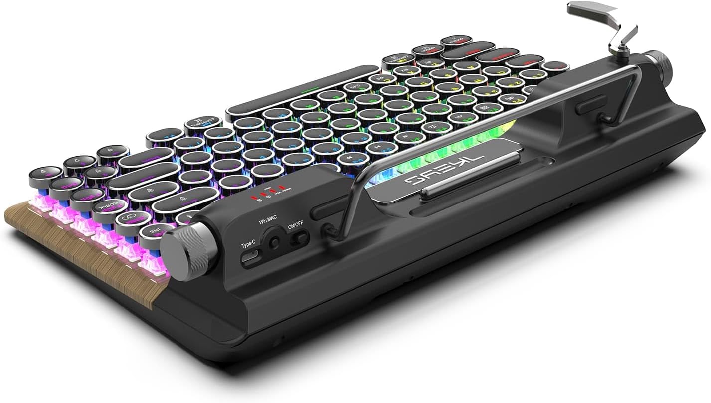 7KEYS Retro Typewriter Mechanical Gaming Keyboard, Vintage Style Computer Keyboard with Wireless Bluetooth5.0/Wired/2.4G, True RGB Backlight, Compatible with PC/Laptop/Tablet/Phone - Image 2