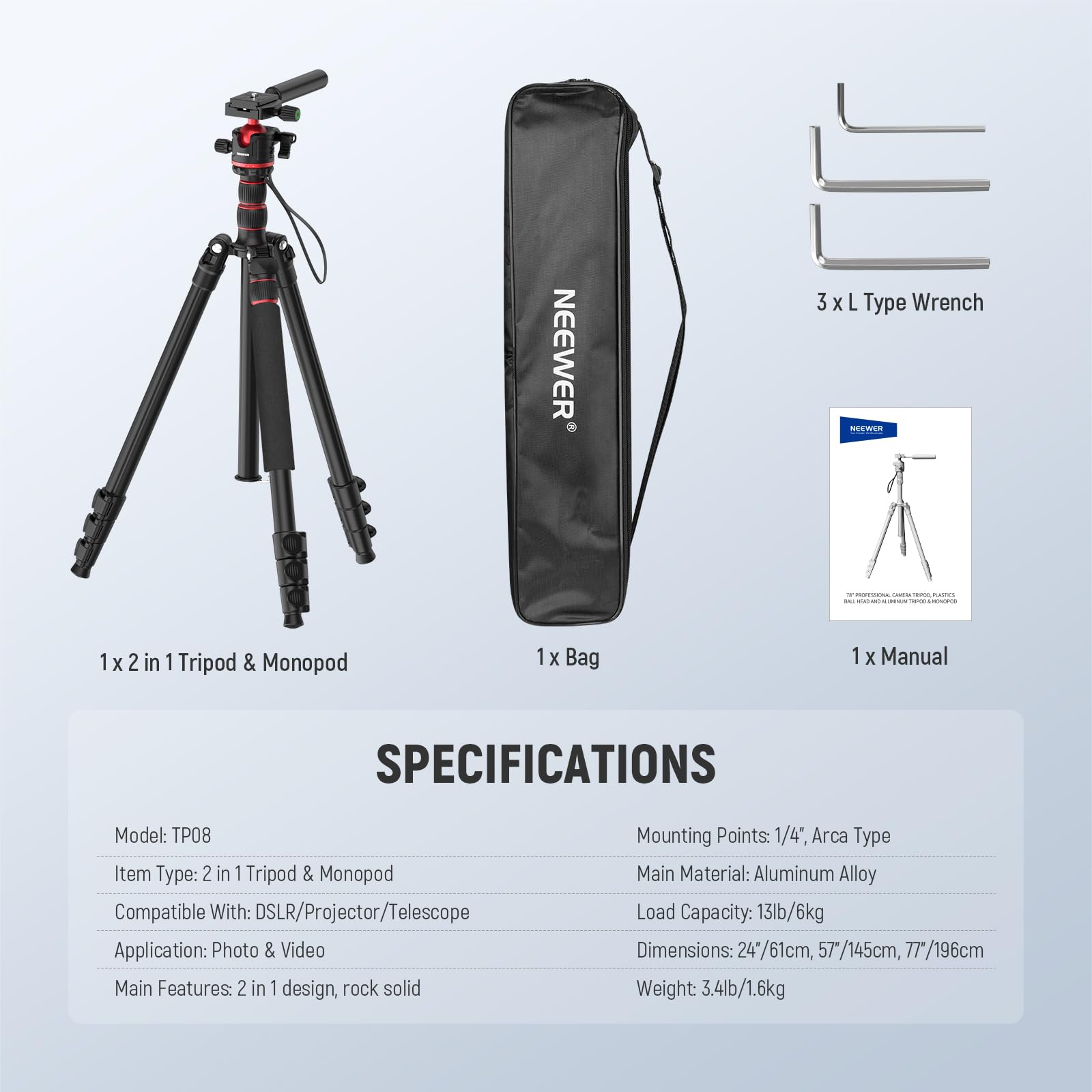 NEEWER Basics TP08 - Trípode para cámara réflex Digital (77", Cabezal esférico de 360°, Cabezal de Bola de 360°, Placa de liberación rápida, Eje Central invertido y 2 paños de Limpieza, Carga máxima