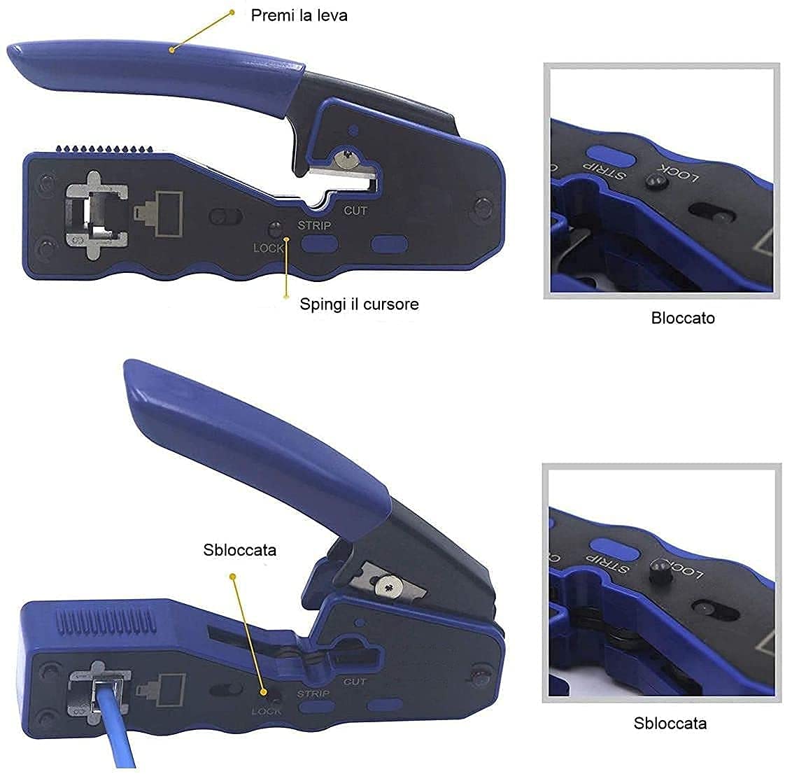 Pinza crimpatrice professionale in acciaio per lan ethernet RJ45 con tecnologia passante idonea per plug CAT.5e, CAT.6 e CAT.7