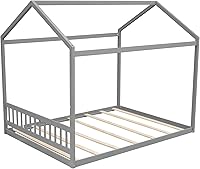 Vista 7 de Cama Montessori Queen con techo y cabecero, base de cama de plataforma baja de madera con soporte de listones, camas Montessori para dormitorio