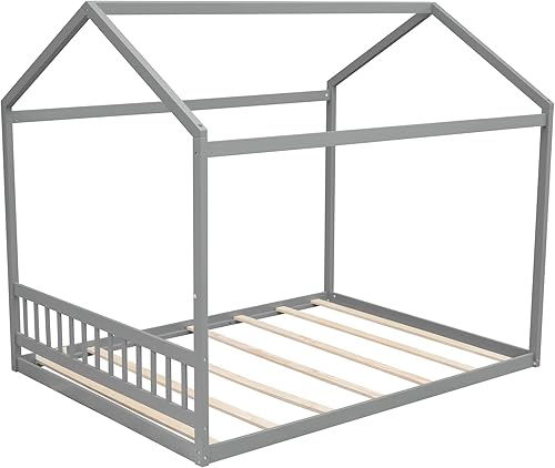 Miniatura 5 de MERITLINE Cama de casa tamaño Queen para niños cama Montessori de madera con cabecero techo y listones de apoyo marco de cama Queen para niños