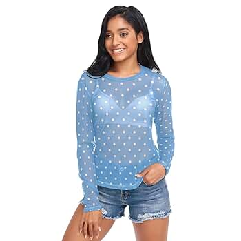 Amazon.com: Baby Blue Polka Dots Long Sleeve Sheer Blouse