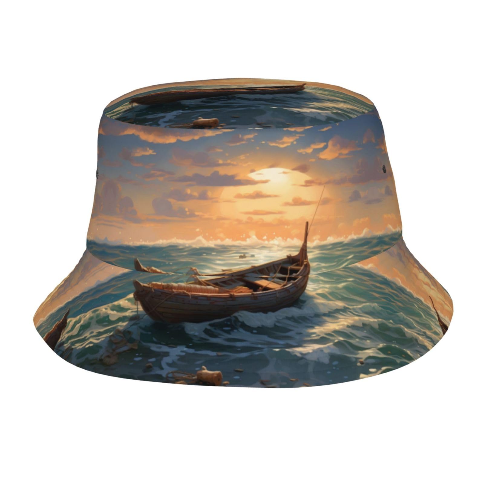 Wzywhj Unisex Black Adult Bucket Hats Bamboo Raft On The Sea Picture For Men's And Women's Summer Sun Protection