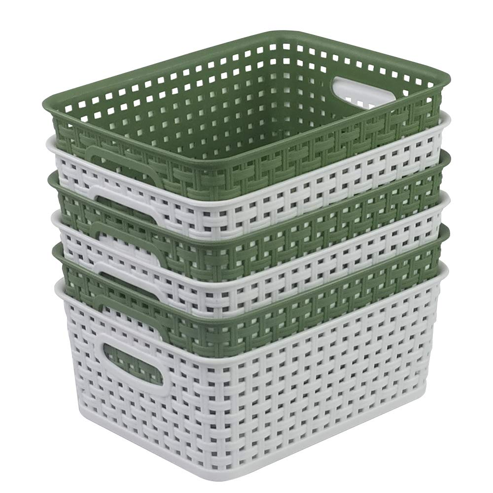 Panier de rangement plastique x6 blanc et vert avec poignées