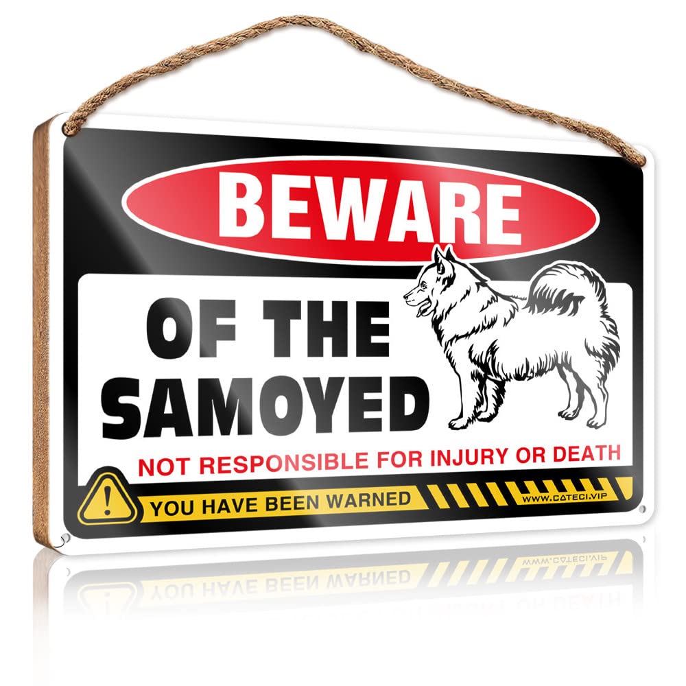 FZFN Hanging Plaque Sign Beware Of Samoyed Wooden Sign Wood Home Sign Outdoor Wooden Signs(15X28CM)