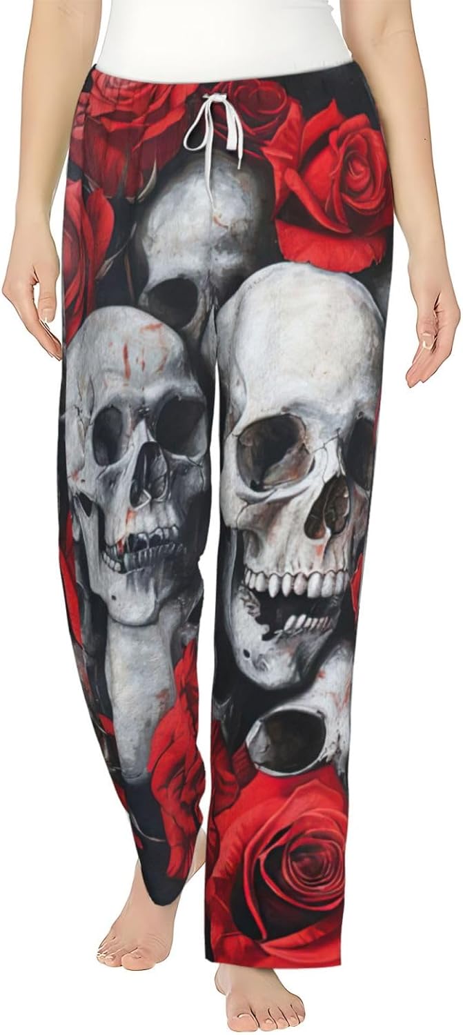 Skull And Red Rose Print Fashion Cozy Womens Flannel Pajama Pants,Perfect For Christmas And Everyday Wear