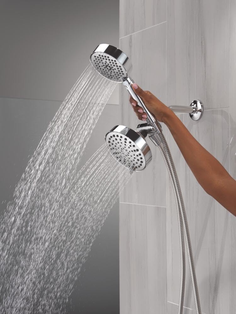 Delta Round 2-in-1 Dual Shower Head with 4-Setting HandHeld Spray, Chrome Detachable Double Shower Head with Hose, Showerhead, 1.75 GPM Flow Rate, Chrome 75756