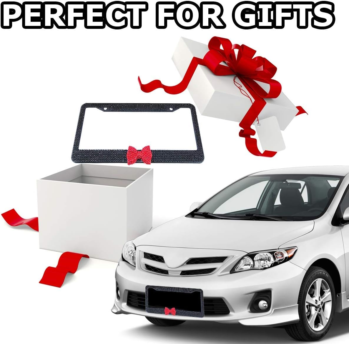 2 Pack Bling Rhinestone License Plate Frames for Women, Cute Diamond Car License Frame with Bow (Black)