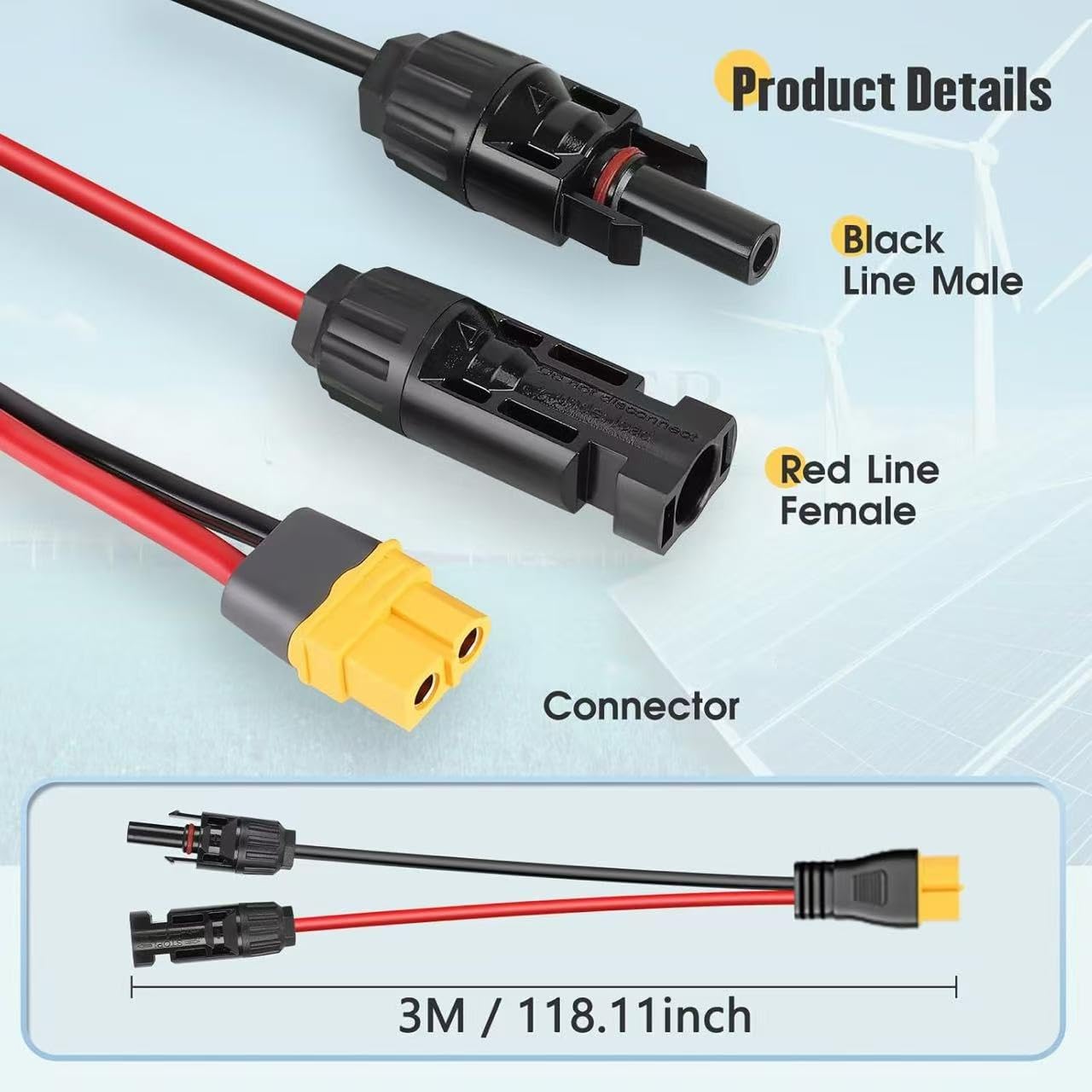 Thlevel Câble Adaptateur Compatible avec XT60 Solaire Panneau Charge Connecteur 12AWG 300CM pour Portables Générateurs Solaires