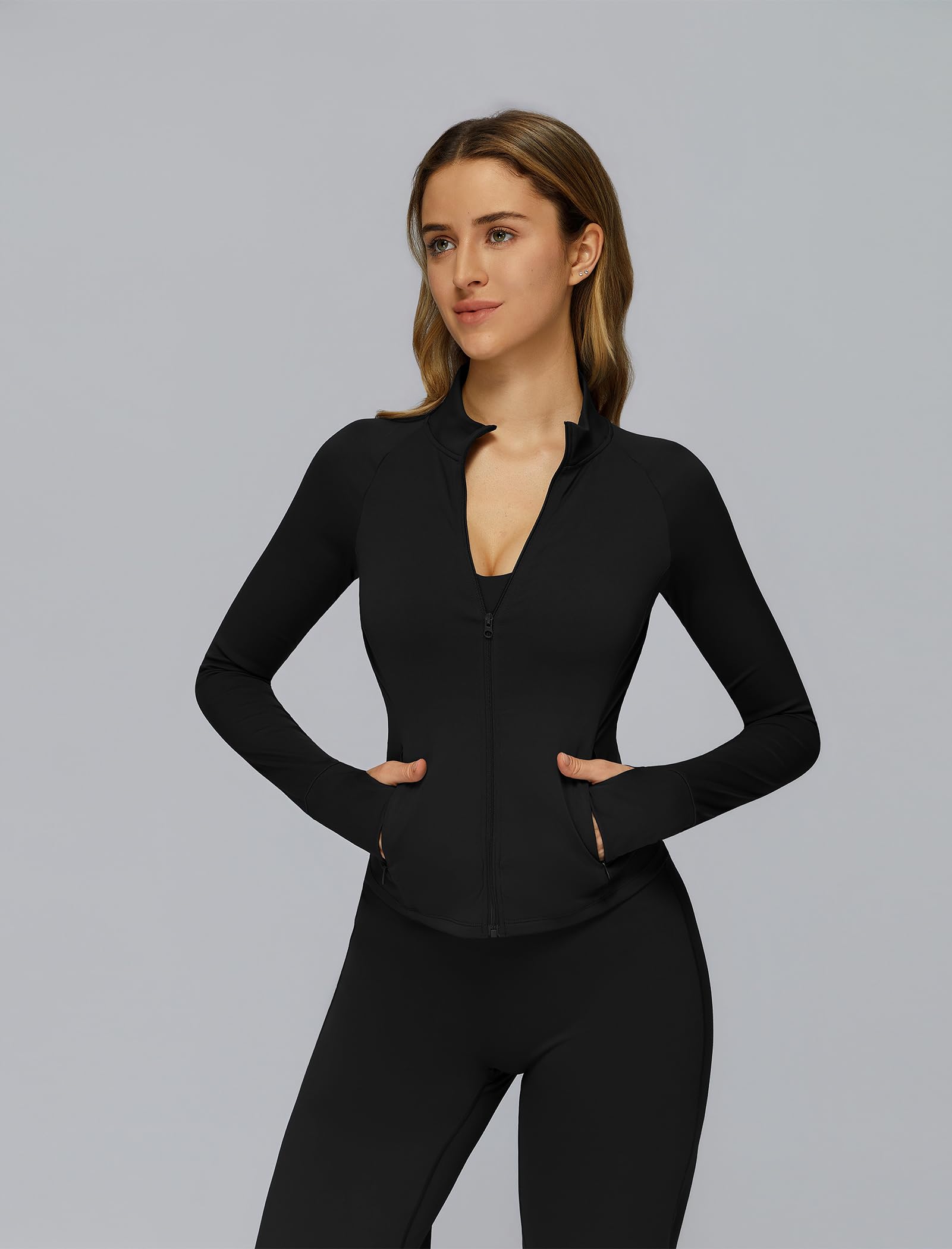IDOPIP Sport-Set Damen Zweiteiler: Kompression Gym Set Laufjacke mit Daumenschlaufen und Reißverschluss - Sportanzug für Sport Fitness Yoga Pilates Workout