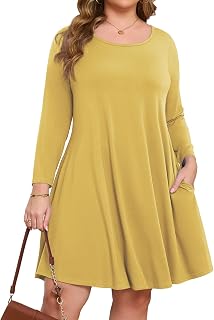 JollieLovin Women Plus Size 3/4 Sleeve Casual Dress Crew Neck with Pockets