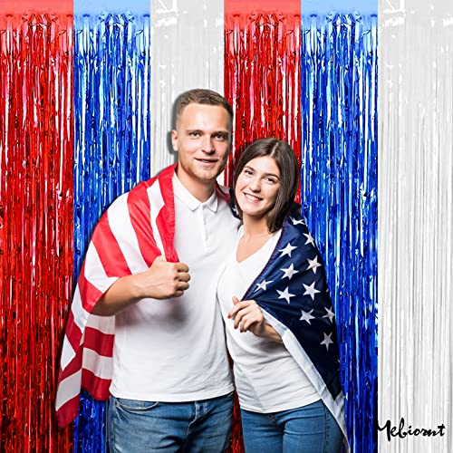 Image of 4 Pack 3.2Ft x 6.6Ft Independence Day Fringe Curtain Backdrop, Red Blue White Metallic Tinsel Foil Fringe Streamers Curtains Background for Photo Booth Birthday Wedding Carnival Party Decorations