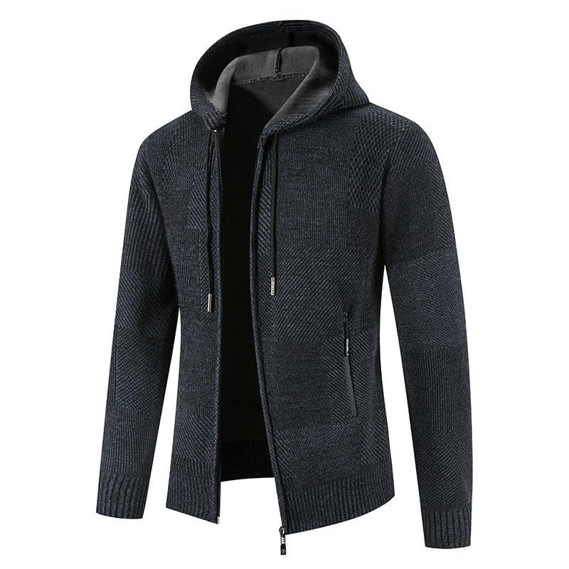Men's Autumn Winter Fleece Lined Thick Hooded Knit Cardigan3