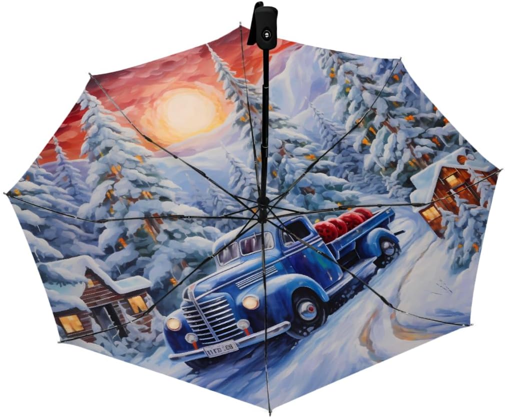 Christmas Truck Tree Snow Folding Umbrella Windproof Compact Lightweight Travel Umbrella with 8 Reinforced Ribs, Portable UV Sun & Rain Protection for Men & Women