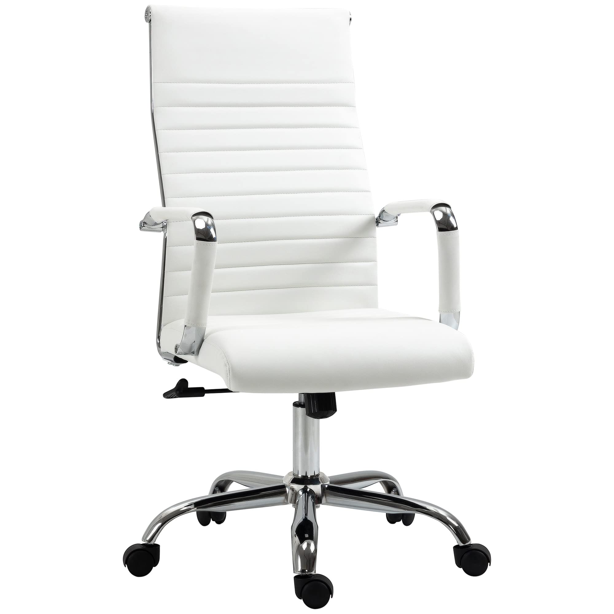 Vinsetto Silla de Oficina Silla de Escritorio Giratoria 360° Basculante con Altura Ajustable y Reposabrazos Tapizado en Piel Sintética 54x62x104-114 cm Blanco
