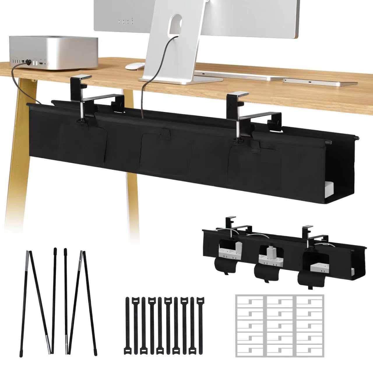 Plateau de gestion des câbles sous le bureau sans perçage – Organiseur de câbles sous le bureau de 91,4 cm, gestion des câbles à pince/vis, cache cordon en tissu de qualité supérieure pour