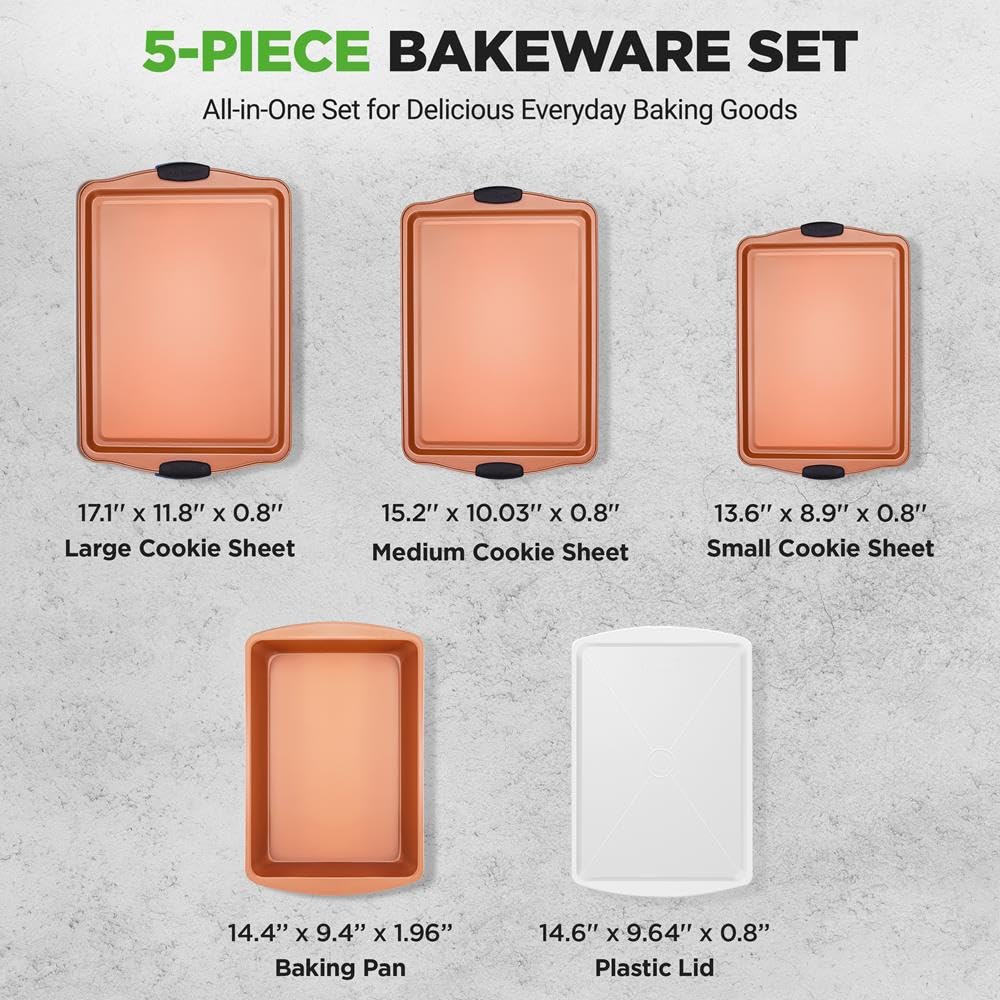 NutriChef Juego de 5 moldes para hornear, sartenes antiadherentes de acero al carbono, bandejas apilables, bandeja de cocina para horno, con asas de silicona, sin PFOA, PFOS, PTFE