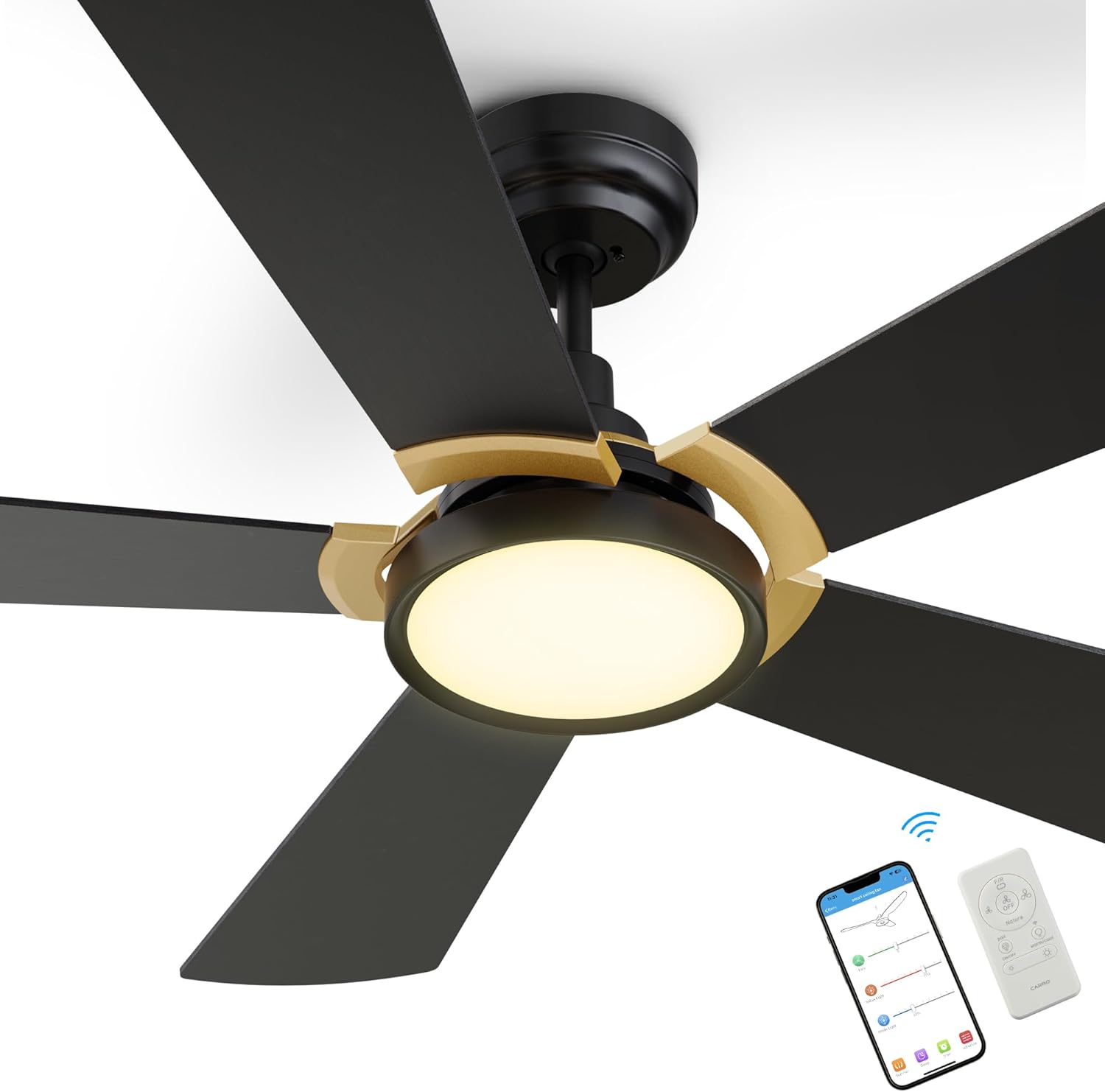 SMAAIR 52" Smart Wifi Ceiling Fans with Dimmable LED Lights and Remote, Compatible with Alexa/Google Home/Siri/APP, Outdoor DC Fans with 10 Speeds, Timer/Schedule, Black/Gold