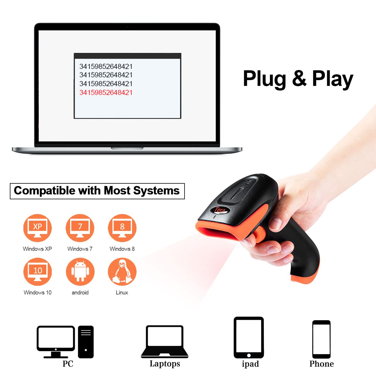 Tera Skaner kodów kreskowych 1D 2D QR 3 w 1 Wireless 2.4 GHz/Bluetooth/USB przewodowy czytnik kodów kreskowych ze stojakiem/uchwytem, HW0001